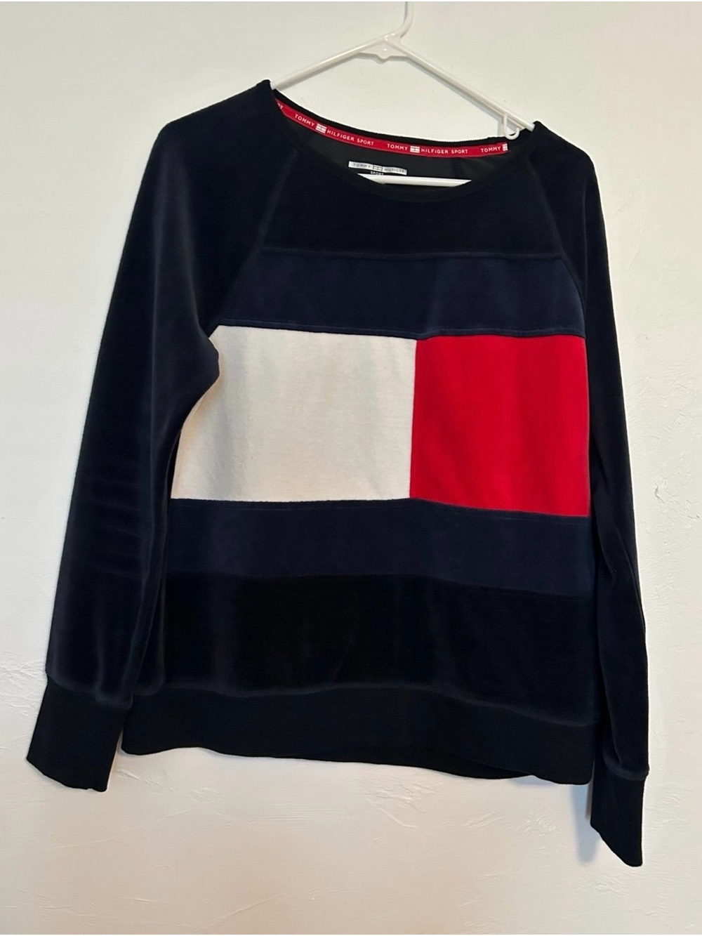 Tommy Hilfiger Navy Velvet Colorblock Sweatshirt with Red & White Panels